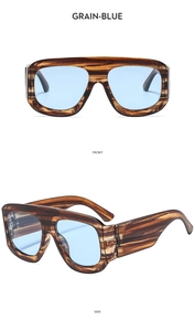 Vorder- und Seitenansicht der großen quadratischen Holzmaserung-Sonnenbrille mit blauen Gläsern