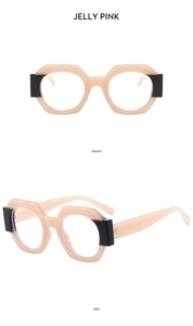 Front and side view of jelly pink polygonal glasses frames with black contrast details
