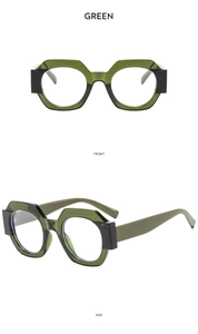 Green translucent polygon glasses frame showing front and side views in detail