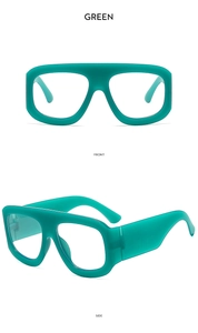 Detailansichten der grünen quadratischen Übergröße-Sonnenbrille mit Flat-Top-Design