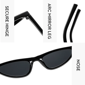 Detailed views of cat-eye sunglasses featuring reinforced metal hinges and ergonomic nose pads