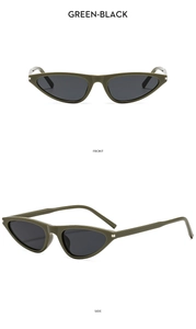 Front and side views of vintage green cat eye sunglasses with black lenses and slim frames