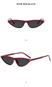 Front and side views of trendy wine red cat-eye sunglasses with dark black lenses