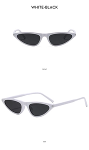 Front and side views of stylish cat-eye sunglasses with white frames and black lenses
