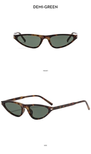 Front and side view of cat eye sunglasses with demi-green frames and dark green lenses