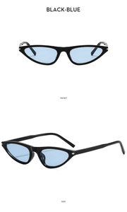 Front and side view of cat eye sunglasses with black frames and light blue lenses