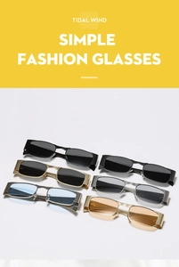Detail of square Y2K sunglasses with metallic frames in various lens colors