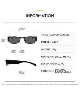 Detailed dimensions of Y2K square metal sunglasses with side and front view schematics