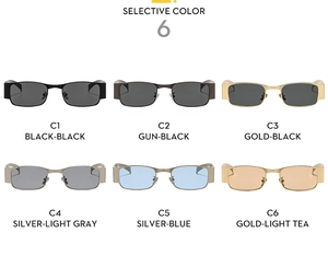 Detailed catalog of Y2K square metal sunglasses showing six color variants and lens tints