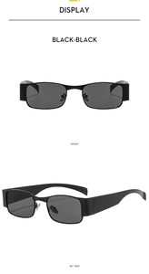 Y2K square black sunglasses featuring front and side views with silver nose pads