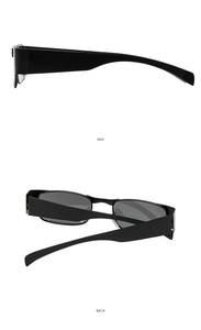 Detailed side and back views of Y2K vintage black square sunglasses with slim frames