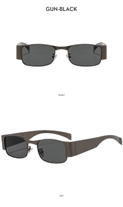 Front and side views of trendy gun-black square sunglasses with modern wide metal frames