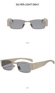 Front and side views of Y2K square sunglasses with silver metal frames and gray lenses