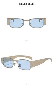 Detail of Y2K square sunglasses with silver metal frame and light blue lenses in two angles