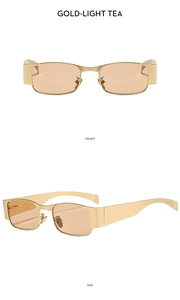 Front and side views of Y2K square sunglasses with gold metal frame and light tea lenses