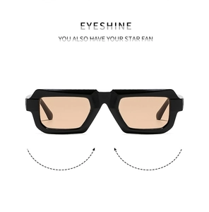 Detail of square thick frame sunglasses with amber lenses and black finish