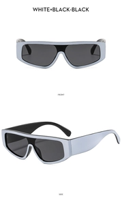 Vue de face et de profil de lunettes de soleil masque futuristes avec monture argentée