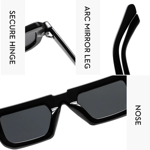 Detail of square black sunglasses showing secure hinges and integrated nose pads