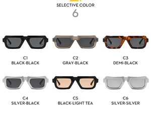 Selection of six rectangular thick-framed sunglasses in various colors and finishes
