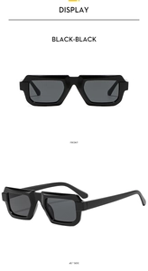 Front and side view of square black sunglasses with wide frames and dark grey lenses