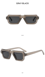 Front and side views of gray-black rectangular sunglasses with thick translucent frames