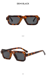 Detailed front and side views of demi-black square sunglasses with thick geometric frames