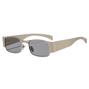 Y2K style square metal sunglasses with matte golden frames and grey lenses for women