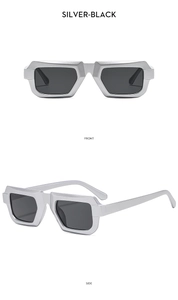 Front and side views of silver-black geometric square sunglasses with dark lenses
