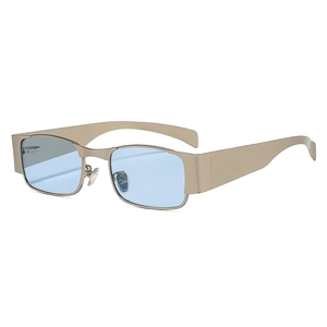 Y2K square champagne gold sunglasses with light blue lenses on a white background