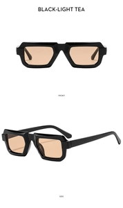 Detailed views of square black frames and light tea lenses on fashion sunglasses