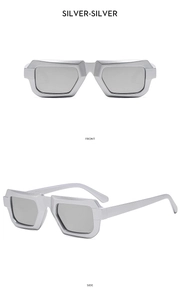Front and side views of silver geometric hexagonal sunglasses with metallic frame
