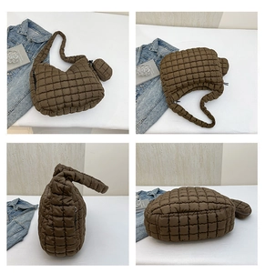 Detailed views of a coffee brown quilted cloud tote bag set from four angles