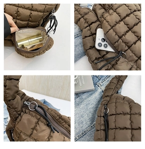 Detailed views of brown quilted puffer bag with nylon texture and internal storage