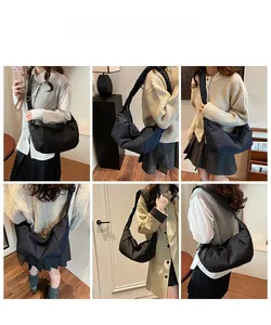 Detailed views of the large-capacity nylon crossbody dumpling bag worn by a model