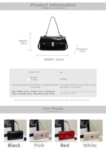 Tableau des dimensions du sac en PU montrant la taille 32x16x10cm et diverses couleurs