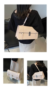 Détails du sac bandoulière beige élégant avec fermoir rotatif argenté et rabat