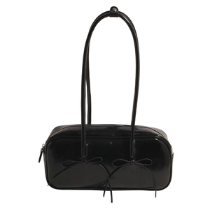 Minimalist black patent leather underarm bowling bag with bows and shiny finish