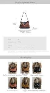Detailed size chart and multi-functional carrying styles for this large matte tote bag