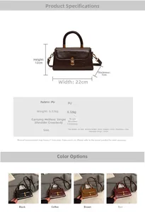 Detailed size specifications and material chart for vintage women's crossbody square bag