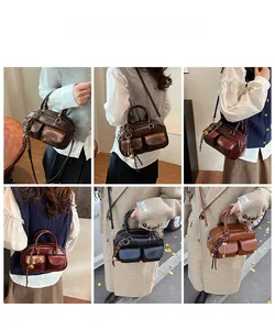 Detailed views of vintage large capacity leather tote bag with tassels in four classic colors