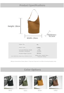 Size chart for large PU leather bucket bag showing 28x28x16.5cm dimensions and colors