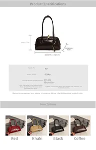 Detailed size chart and multi-color options for oil-wax leather shoulder handbag