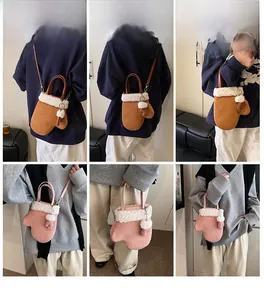 Detail shots of glove-shaped crossbody bag featuring plush trim and suede finish