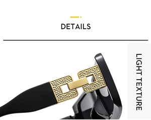 Detail of square sunglasses with hollow gold metal temples and textured chain link