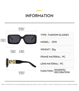 Detailed size specifications for square sunglasses with hollow temples and PC frame