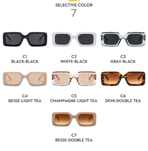 Detailed view of square sunglasses showing hollow temples and seven color variations