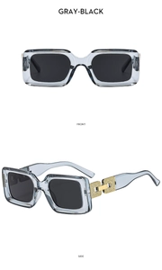 Front and side view of square sunglasses featuring hollow gold metal temple details