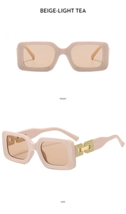 Front and side view of beige square sunglasses with light tea lenses and gold hinges