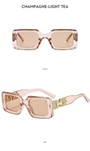 Detail of champagne tea square sunglasses with hollow temples and gold metal accents