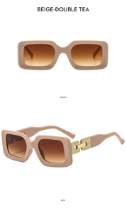 Macro detail of beige square sunglasses with hollow gold metal temples and tea lenses